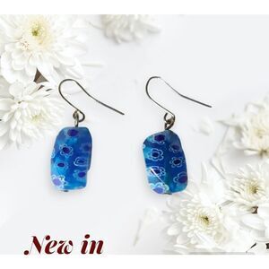 Millefiori Glass Bead Aqua Royal Blue Dangle Drop Earrings Stainless Steel
